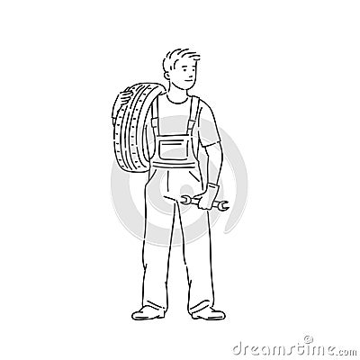 Car mechanic man in professional jumpsuit with car tire in hand. Line art style character vector black white isolated Vector Illustration