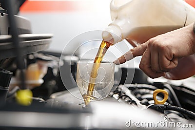 Car mechanic replacing and pouring fresh oil into engine at maintenance repair service station Stock Photo