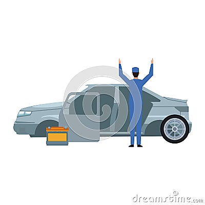 Car mechanic standing and car body and battery, colorful design Vector Illustration