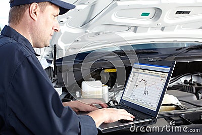 Car mechanic working in auto repair service. Stock Photo