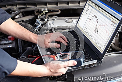 Car mechanic working in auto repair service. Stock Photo