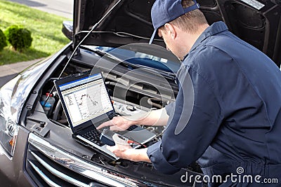 Car mechanic working in auto repair service. Stock Photo