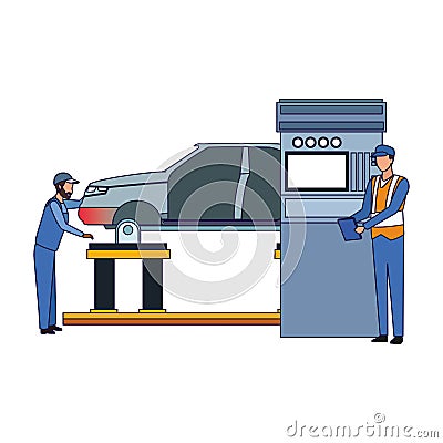 Car mechanics supervising a lifted car and scanner machine Vector Illustration