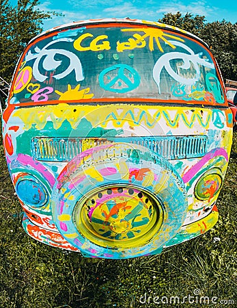 Car minibus vintage Hippie hipster sketchbook with spare wheels Stock Photo