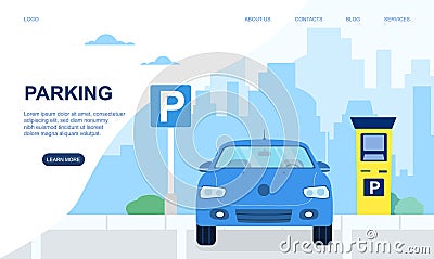 Car on modern parking lot in city or town Vector Illustration