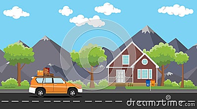 Car move with a pack of lot goods on the road with house and tree mountain as background Vector Illustration