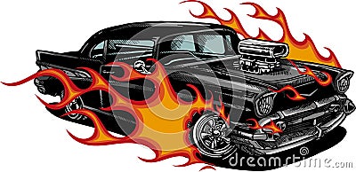 Car muscle old 70s vector illustration with flames Vector Illustration