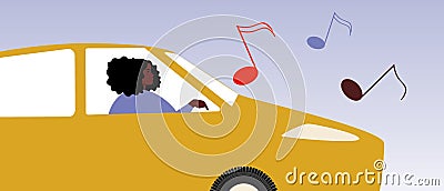 Car music, african woman driver, flat vector stock illustration with car sound subwoofer and afro car driver listening to music Cartoon Illustration