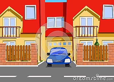 Car near the garage of new two storey house. Vector Illustration