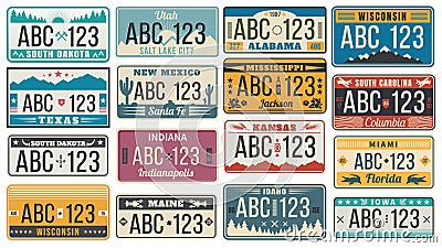 Car number license plate. Retro USA cars registration number signs, Texas, Wisconsin and Kansas license plates vector Vector Illustration