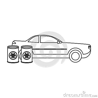 Car and oil barrels black and white Vector Illustration