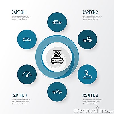 Car Outline Icons Set. Collection Of Hatchback, Chronometer, Crossover And Other Elements. Also Includes Symbols Such As Vector Illustration