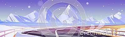 Car overpass road, frozen lake, snow and mountains Vector Illustration