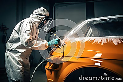 Car Painter in Action, Creating a Flawless Paint Job in a Professional Workshop. created with Generative AI Stock Photo