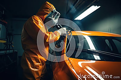 Car Painter in Action, Creating a Flawless Paint Job in a Professional Workshop. created with Generative AI Stock Photo