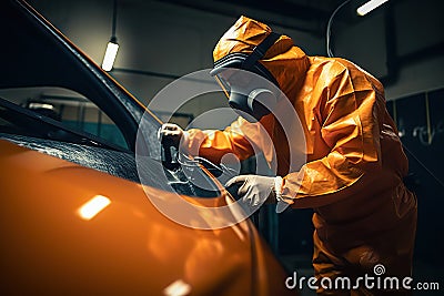 Car Painter in Action, Creating a Flawless Paint Job in a Professional Workshop. created with Generative AI Stock Photo