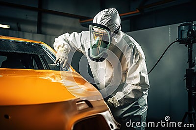 Car Painter in Action, Creating a Flawless Paint Job in a Professional Workshop. created with Generative AI Stock Photo