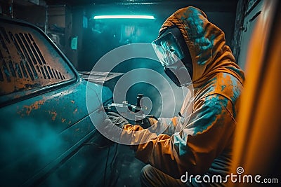 Car Painter in Action Spraying Paint in Painting Chamber. AI Stock Photo