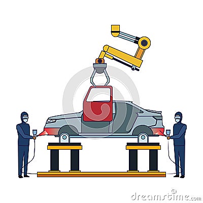 Car painters painting red a lifted car and robotic arm holding a door, colorful design Vector Illustration