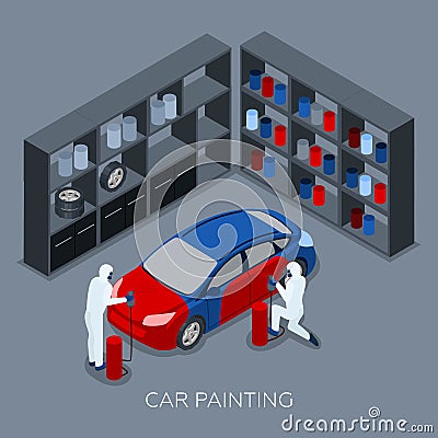 Car Painting Autoservice Isometric Banner Vector Illustration