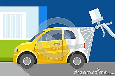 Car painting spray gun, yellow, car, white car, color illustration. Vector Illustration
