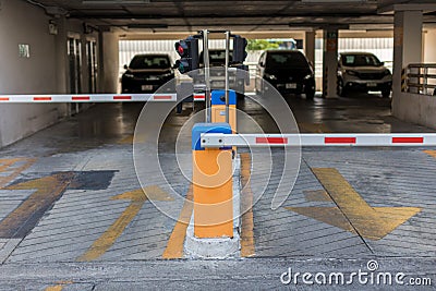 Car park automatic entry system.Security system for building access - barrier gate stop with toll booth, traffic cones Stock Photo