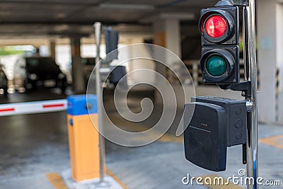 Car park automatic entry system.Security system for building access - barrier gate stop with toll booth, traffic cones Stock Photo