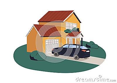 Car parked at house. Outside of home building with closed garage and auto transport. Dwelling, automobile outdoors. Real Vector Illustration