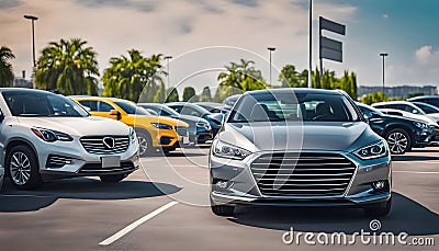 Car Parking, Car Showroom and Dealer Agent Concept, Car Parked in Outdoor Parking, Used Car Sales and Rentals, Car Insurance, Cartoon Illustration