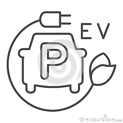 Car parking with EV charging thin line icon, electric car concept, Electrical car parking symbol on white background, EV Vector Illustration