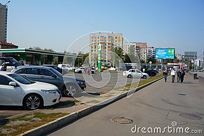 Car Parking, gas station, residential buildings in Moscow Editorial Stock Photo