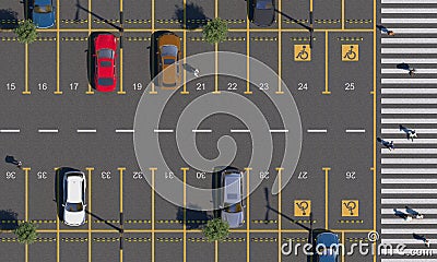 Car parking lot with road markings and numbering parking spaces. Parking with cars, people, pedestrians and pedestrian crossing. T Stock Photo