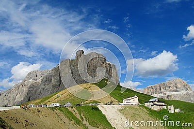 Car parking in the mountains near refugio, restaurant in the Alps Editorial Stock Photo