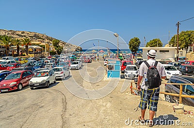 Car parking near Matala beach on Crete island Editorial Stock Photo