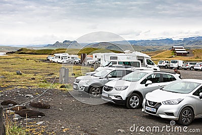 Car parking of Reynisfjara Beach in Vik village Editorial Stock Photo