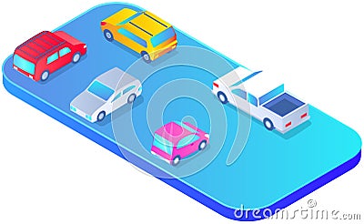 Car parking standing on empty or full parking lot area. Travel park place on rest space near road Vector Illustration