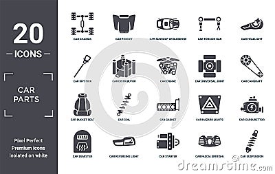car.parts icon set. include creative elements as car chassis, car headlight, car universal joint, gasket, reversing light, bucket Vector Illustration