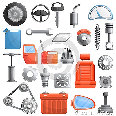 Car parts icons set, cartoon style Vector Illustration