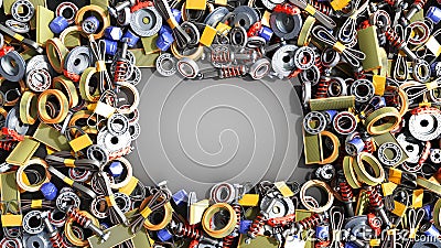 Car parts lie on the floor as background 3d render on grey gradient Stock Photo
