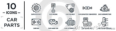 car.parts linear icon set. includes thin line car sprocket, car fan belt, car carburettor, hard top, wheel nut, transmission, fan Vector Illustration