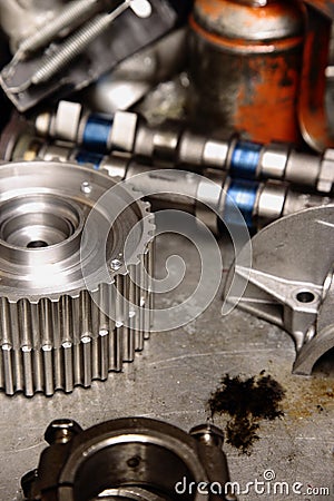 Car parts on a metal table Stock Photo