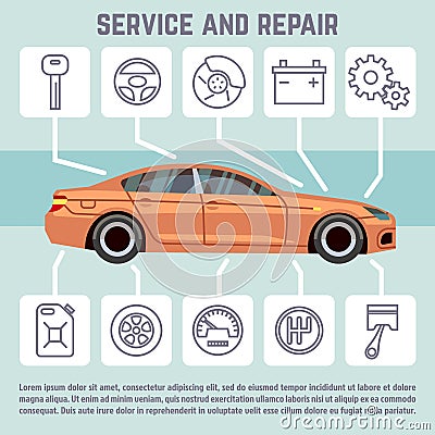Car parts, service and repair line icons vector infographic template Vector Illustration