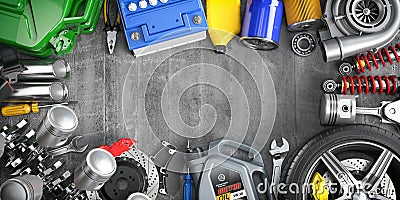 Car parts, spares and accesoires. Auto service and car repair workshop concept Cartoon Illustration