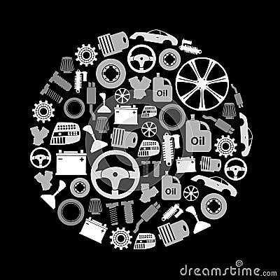 Car parts store simple gray-scale icons in circle Vector Illustration