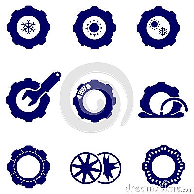 Car parts such as tires and wheels icons set Vector Illustration
