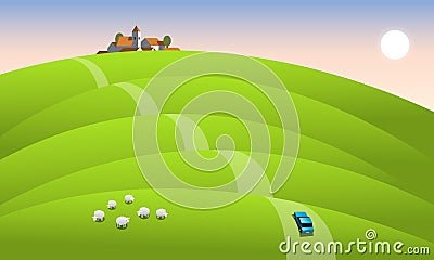 Car passes a morning landscape Vector Illustration