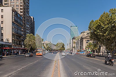 Car and pedestrian traffic on avenue Libertador Bernardo O Higgins, Santiago, Chile Editorial Stock Photo