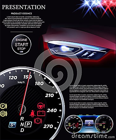 The car with police flashers against the background of an automobile speedometer Stock Photo