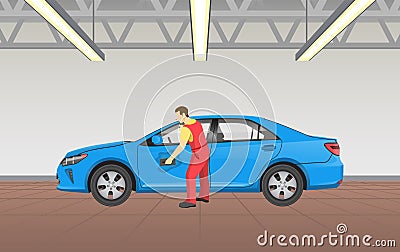 Car Polishing in Garage Job Vector Illustration Vector Illustration