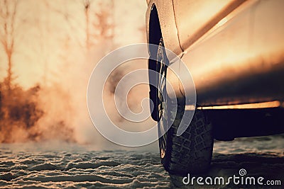 Car and powerful exhaust fumes in the air in Finland. Stock Photo